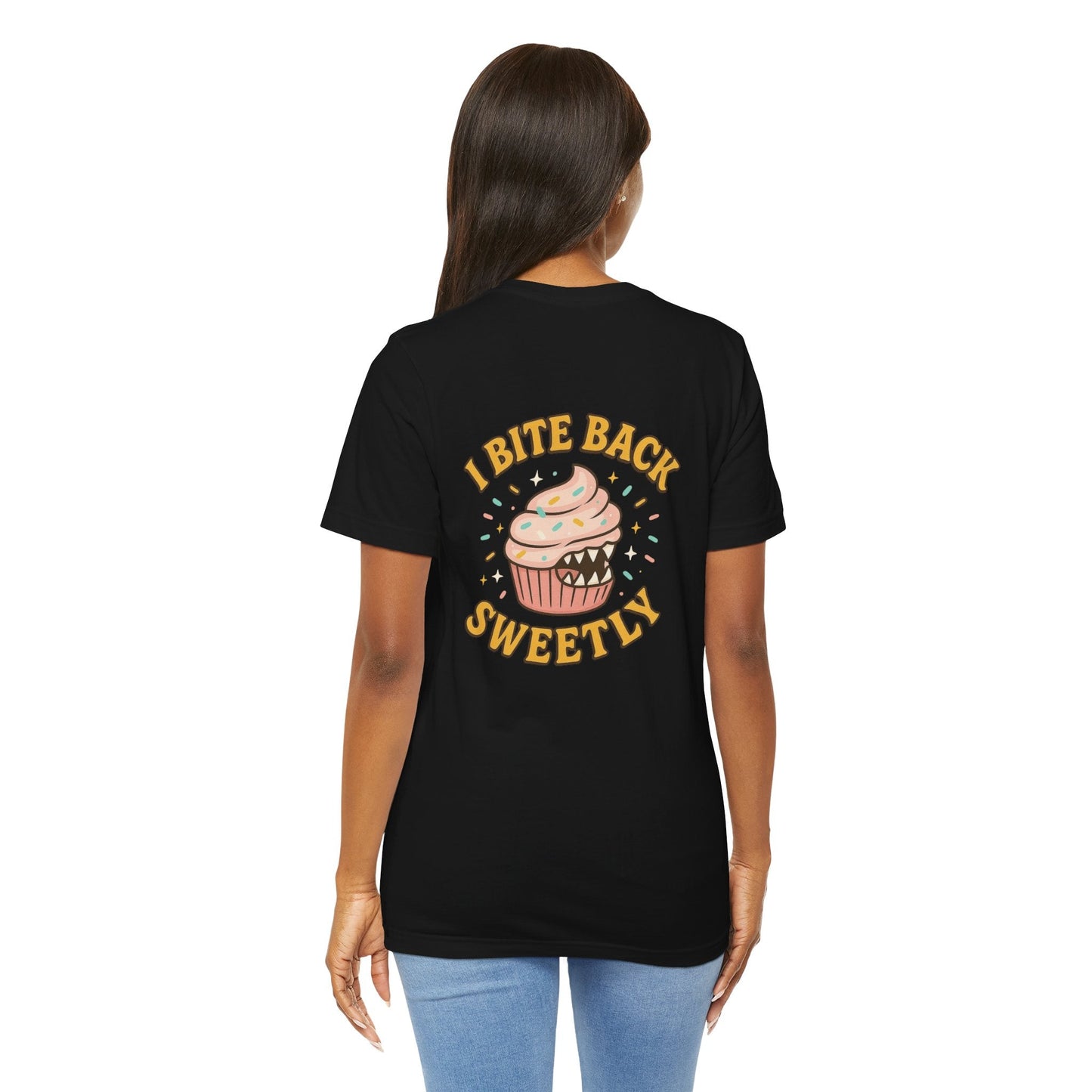 Printify I Bite Back Sweetly T-shirt with cupcake graphic and sassy quote, front and back view, casual graphic tee for women.