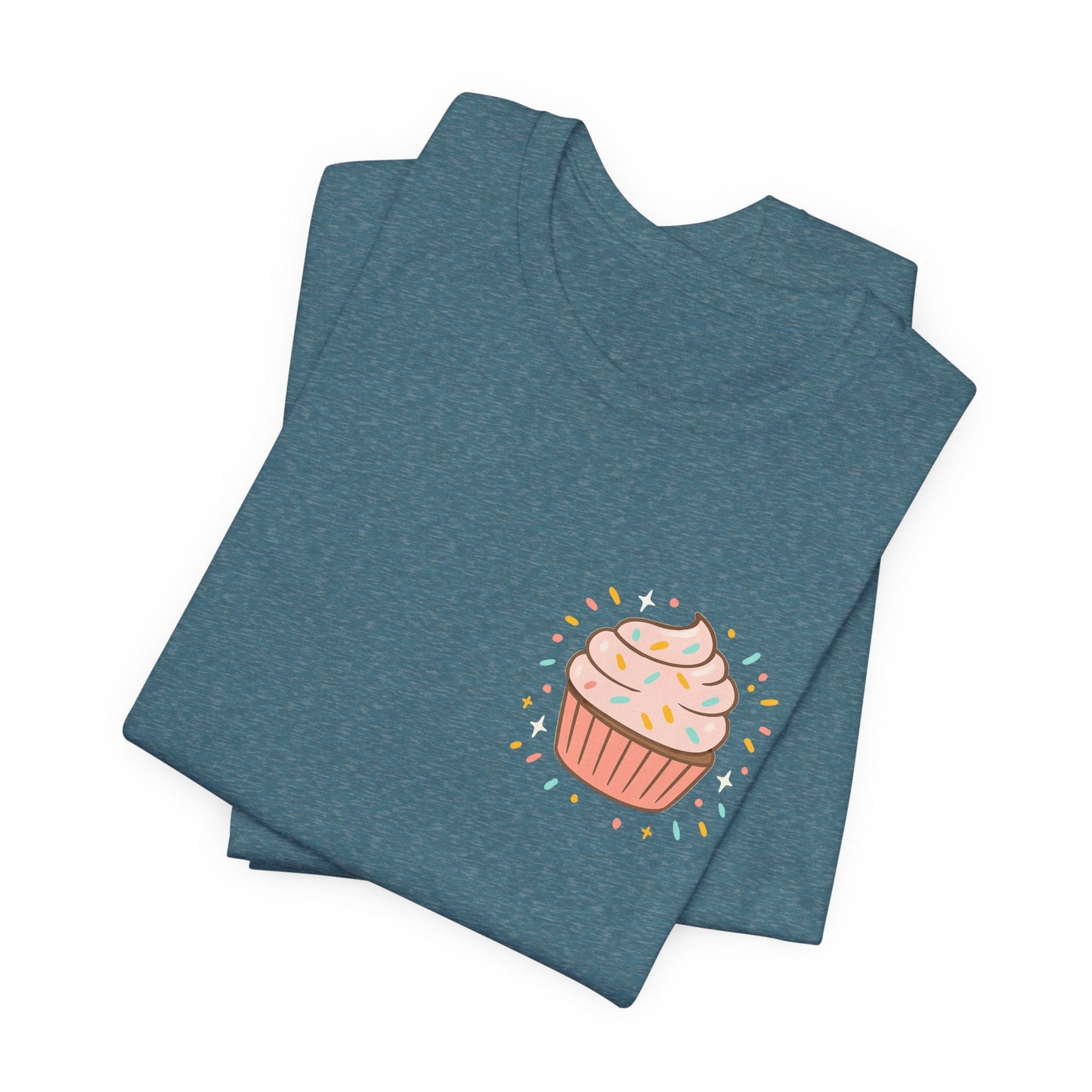Front and back view of Printify I Bite Back Sweetly T-Shirt featuring cupcake graphic and sassy quote on a casual tee.