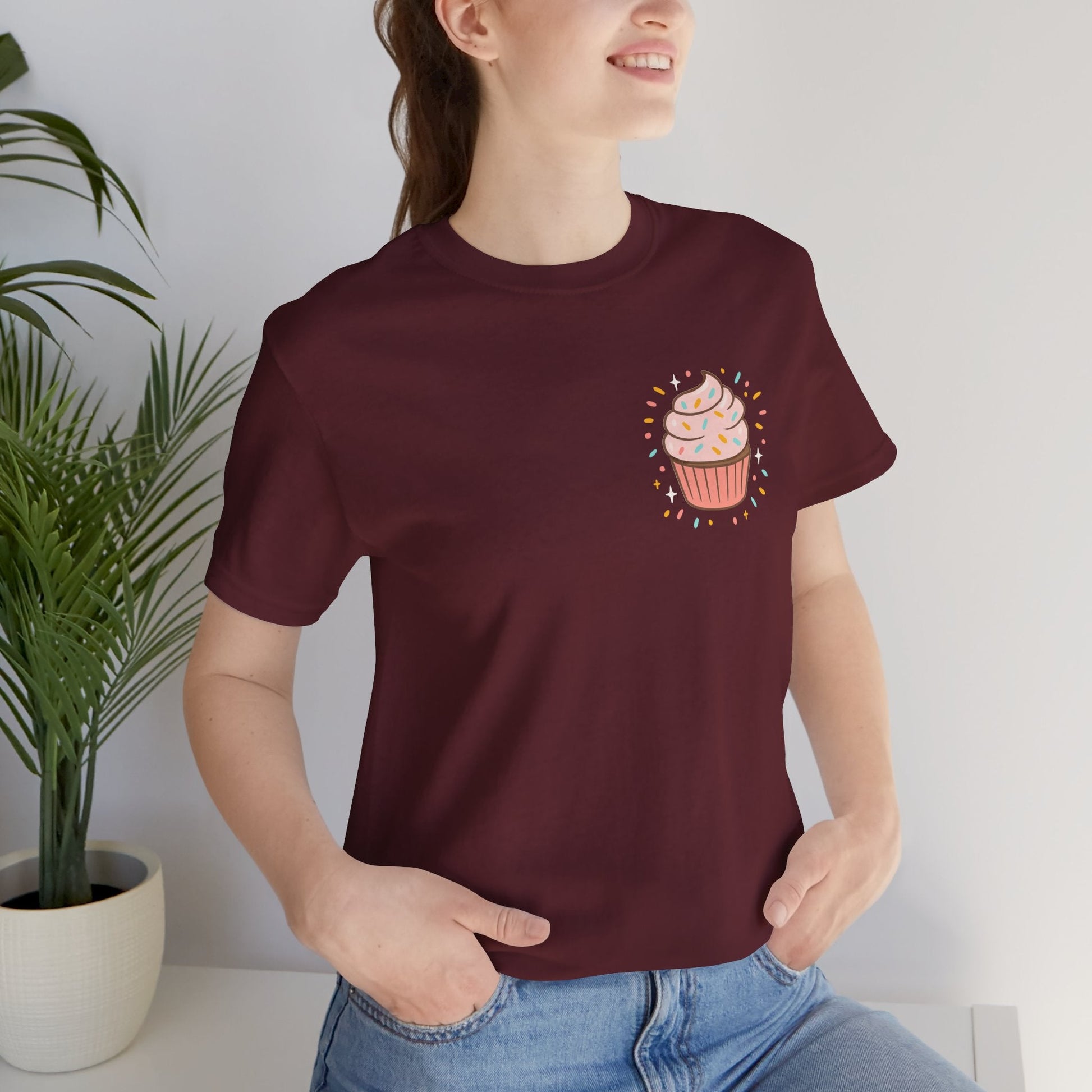 Printify I Bite Back Sweetly T-shirt with cupcake graphic and sassy quote, front and back view of this fun, stylish graphic tee.
