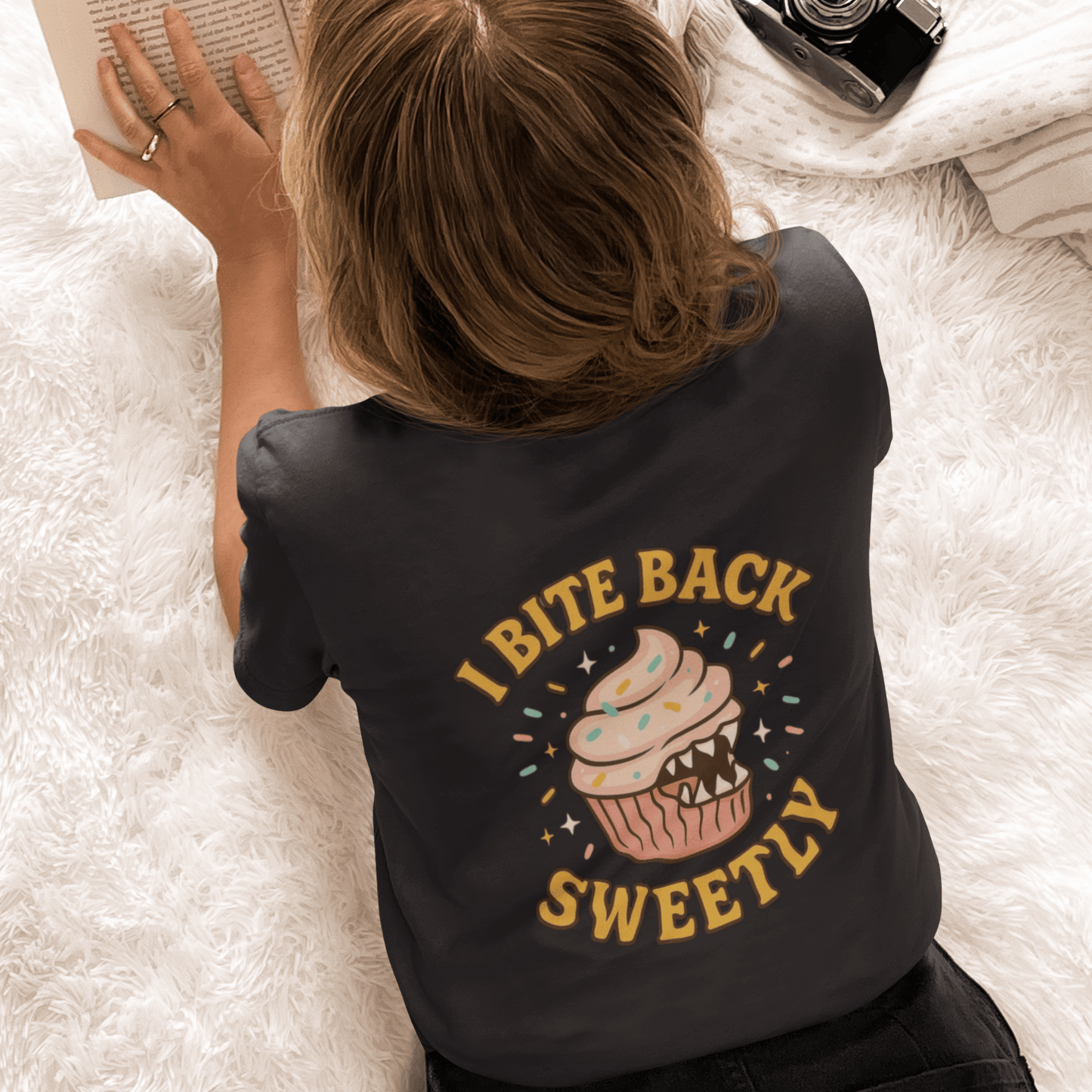 Printify I Bite Back Sweetly T-shirt with front and back cupcake graphic and sassy quote, casual graphic tee for women.