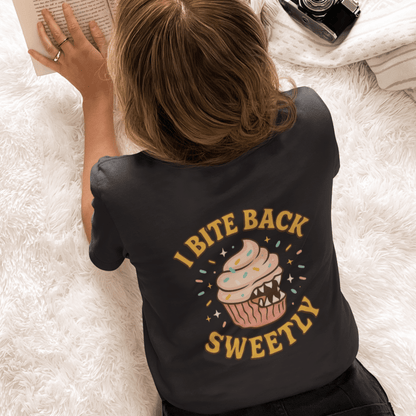 Printify I Bite Back Sweetly T-shirt with front and back cupcake graphic and sassy quote, casual graphic tee for women.
