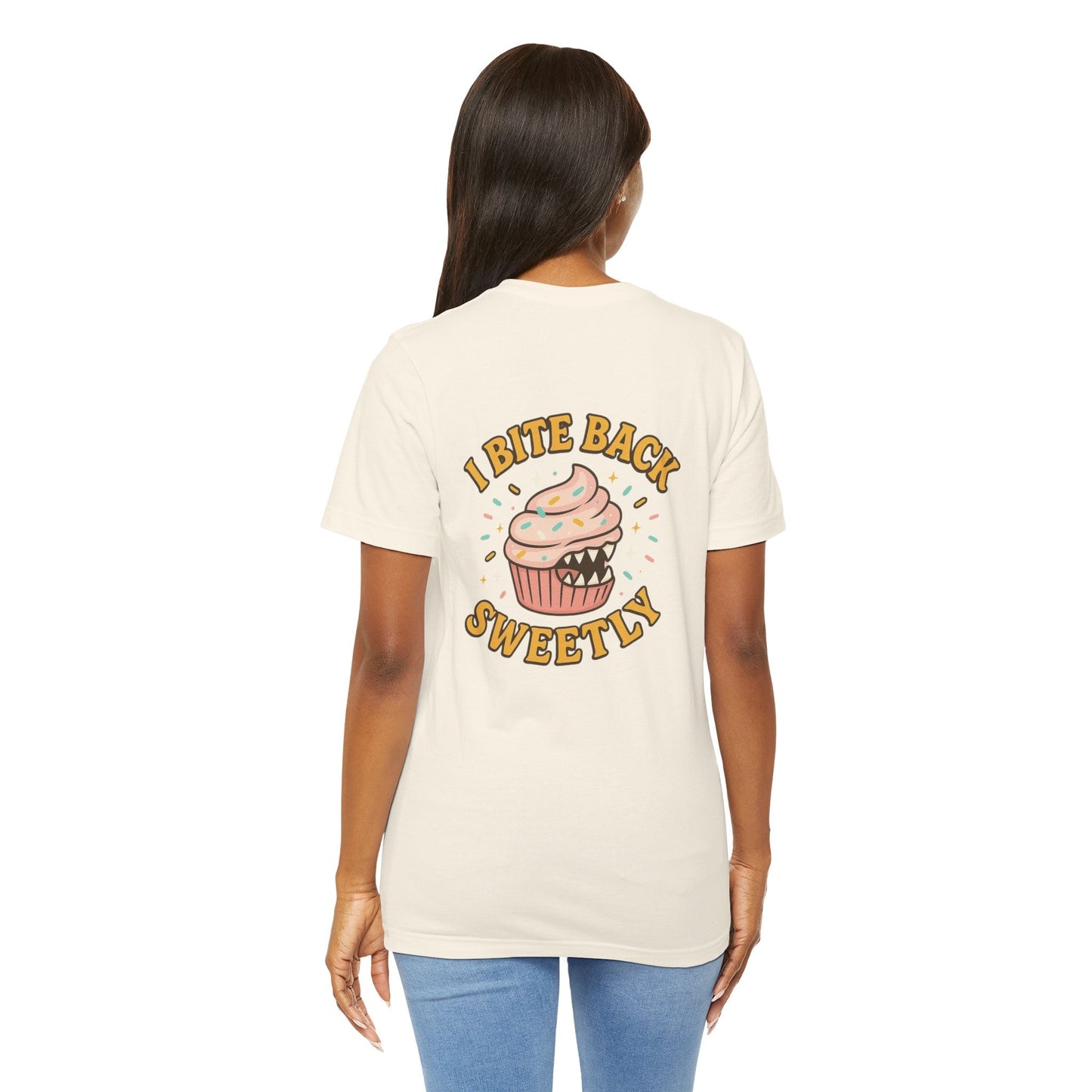 Printify I Bite Back Sweetly T-shirt with cupcake graphic and sassy quote, front and back views of this fun graphic tee.