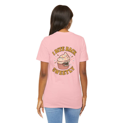 Printify I Bite Back Sweetly T-shirt with cupcake graphic and sassy quote, front and back view, casual graphic tee.