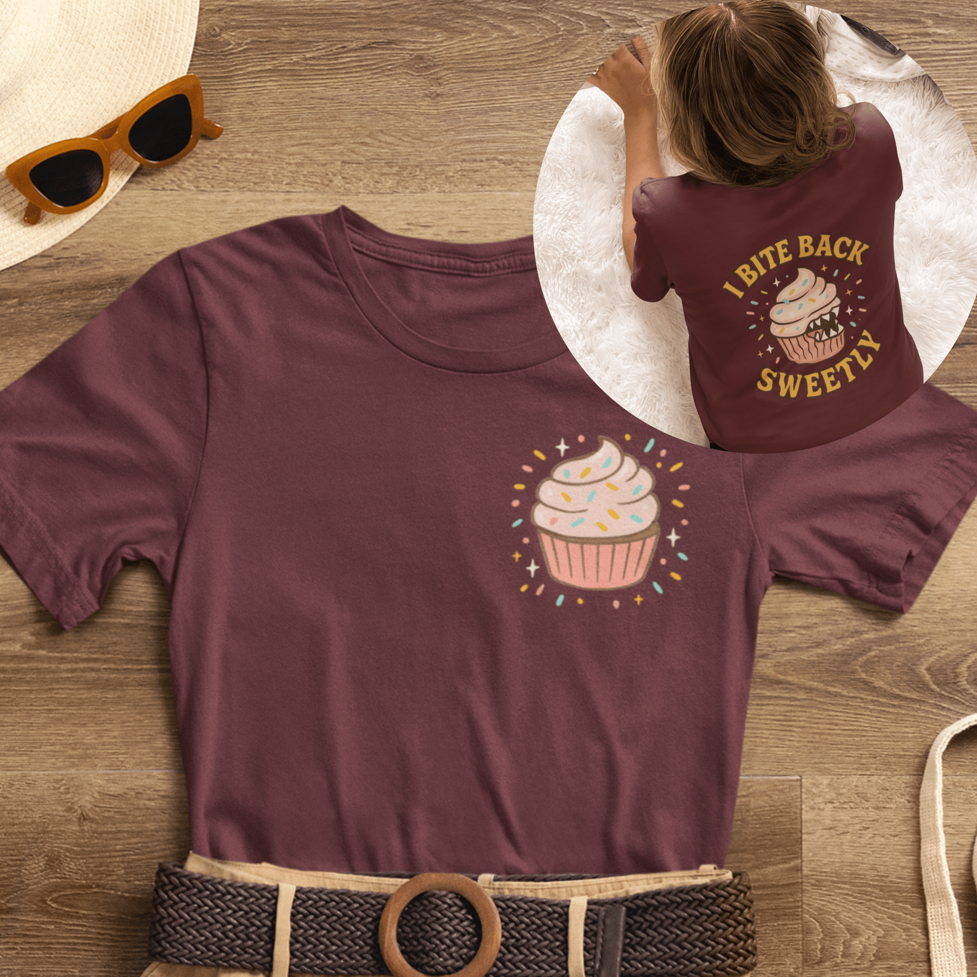 Printify I Bite Back Sweetly T-shirt with front and back cupcake graphic and sassy quote, casual graphic tee for women.