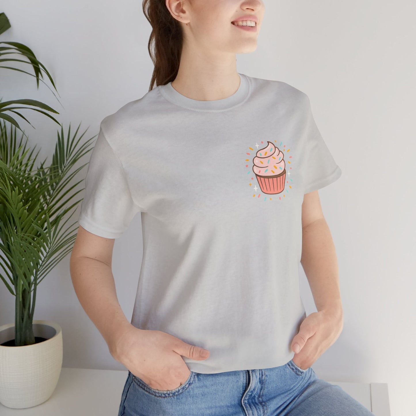 Printify I Bite Back Sweetly T-shirt with front and back cupcake graphic and sassy quote, casual graphic tee for everyday wear.