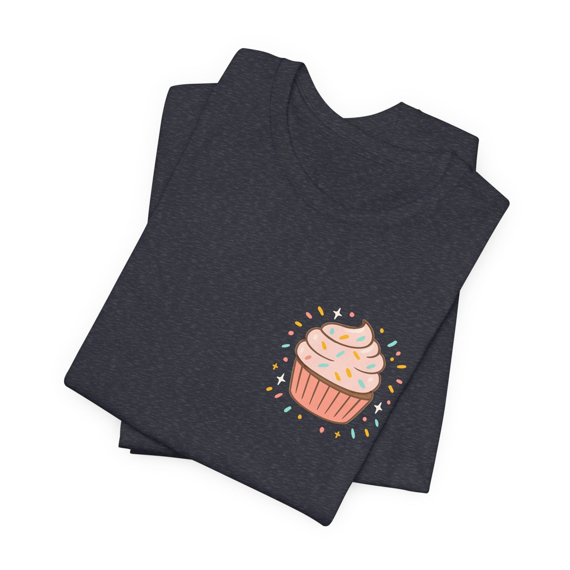 Printify I Bite Back Sweetly T-shirt with front and back cupcake graphic and sassy quote, casual graphic tee for women.