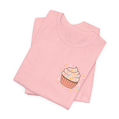 Printify I Bite Back Sweetly T-Shirt with cupcake graphic and sassy quote, front and back views, casual graphic tee for women.