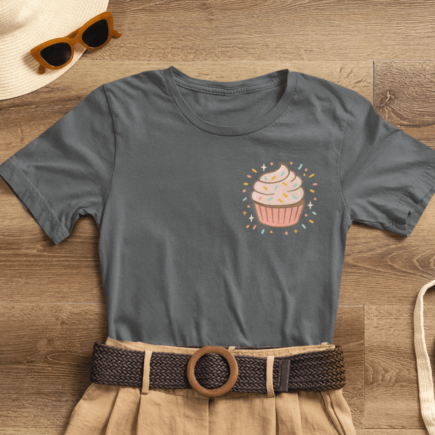 Printify I Bite Back Sweetly T-shirt featuring front and back cupcake graphics with a sassy quote, casual graphic tee for women.