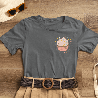 Printify I Bite Back Sweetly T-shirt featuring front and back cupcake graphics with a sassy quote, casual graphic tee for women.