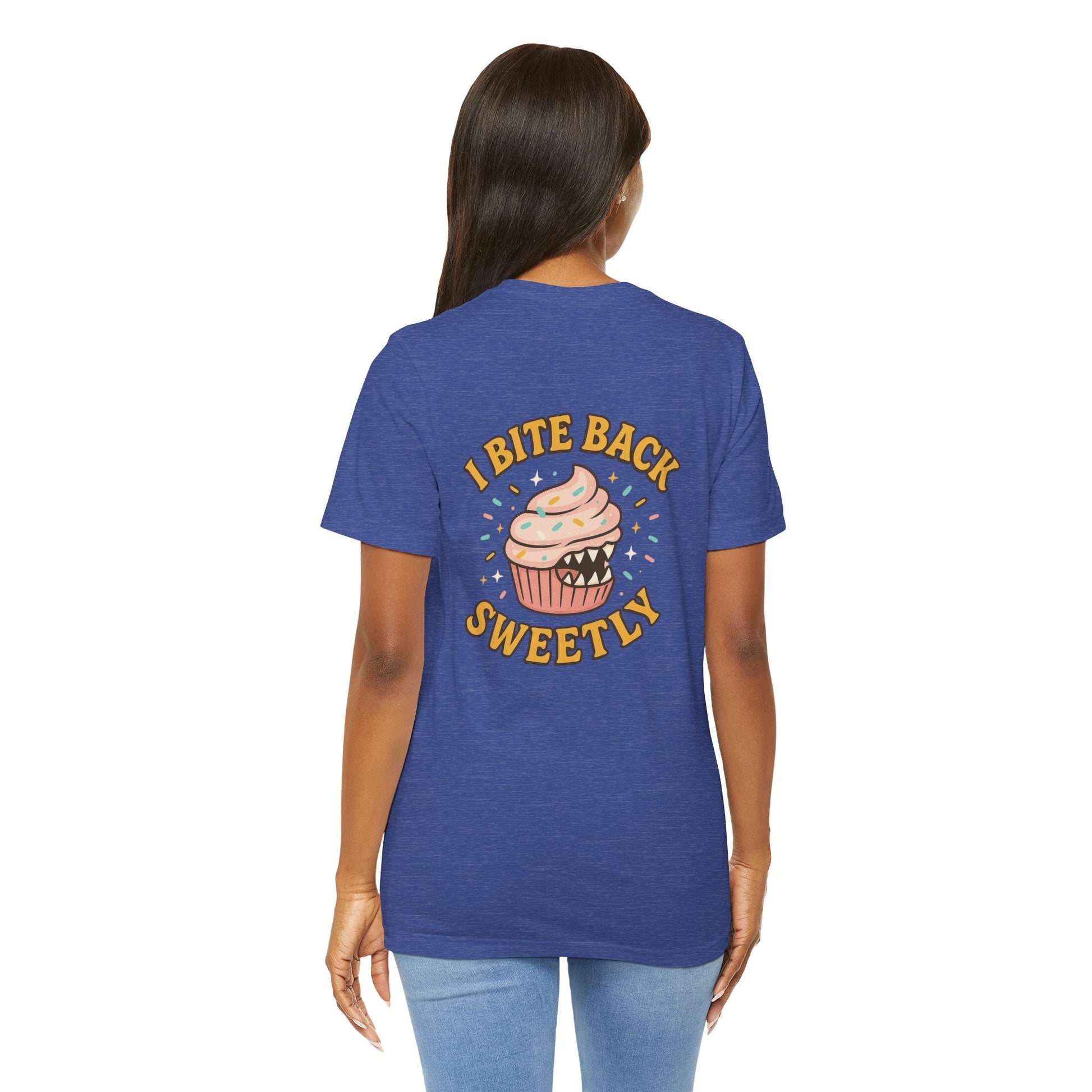 Printify I Bite Back Sweetly T-shirt with cupcake graphic and sassy quote, front and back view, casual cotton tee for women.