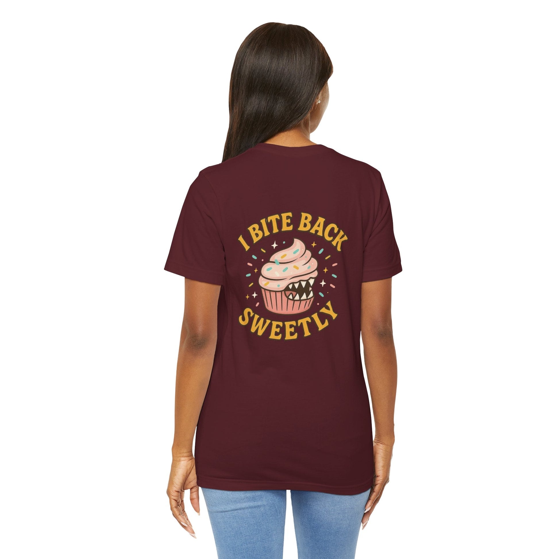 Printify I Bite Back Sweetly T-Shirt with cupcake graphic and sassy quote, front and back view, casual graphic tee for women.