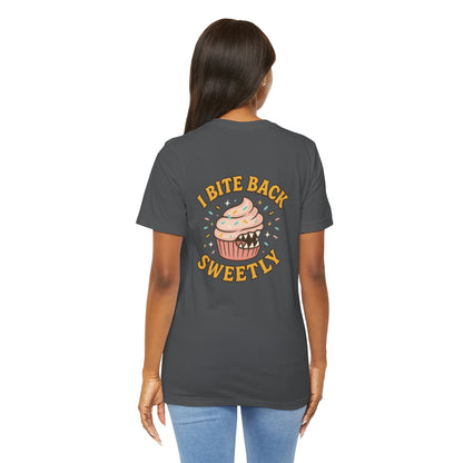 Printify I Bite Back Sweetly T-shirt with cupcake graphic, front and back, featuring a sassy quote on a stylish cotton tee.