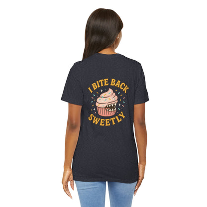 Printify I Bite Back Sweetly T-shirt with cupcake graphic and sassy quote, front and back view, casual graphic tee for women.