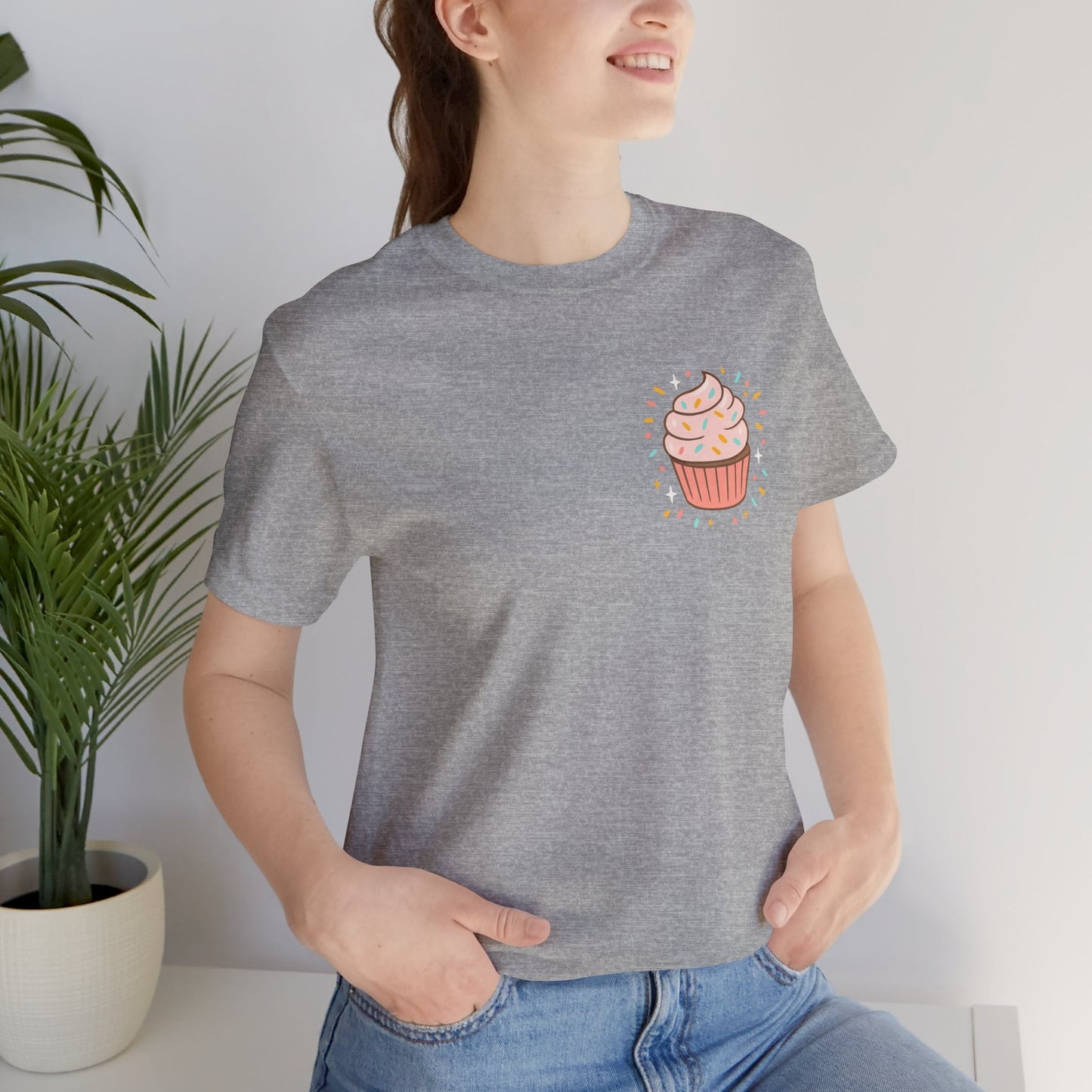 Printify I Bite Back Sweetly T-shirt with cupcake graphic and sassy quote, front and back view, casual cotton tee for women.