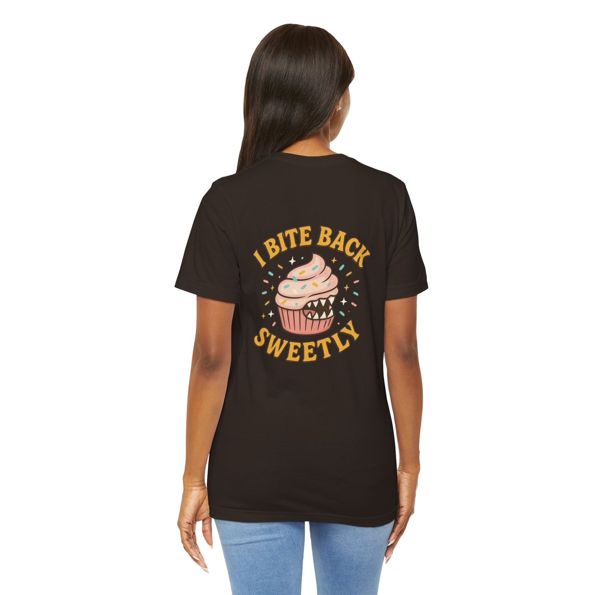 Printify I Bite Back Sweetly T-shirt with cupcake graphic and sassy quote, front and back view of this stylish graphic tee.
