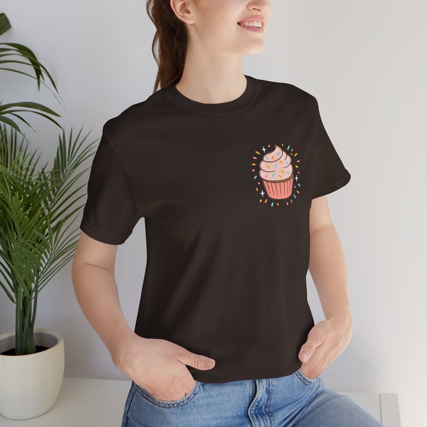 Printify I Bite Back Sweetly T-shirt with front and back cupcake graphic and sassy quote, casual graphic tee for women.