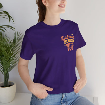 Printify kindness begins with you T-shirt featuring positive affirmation and mental health message with front and back graphic design.
