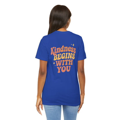 Printify kindness begins with you shirt, a positive affirmation mental health graphic T-shirt with front and back design.