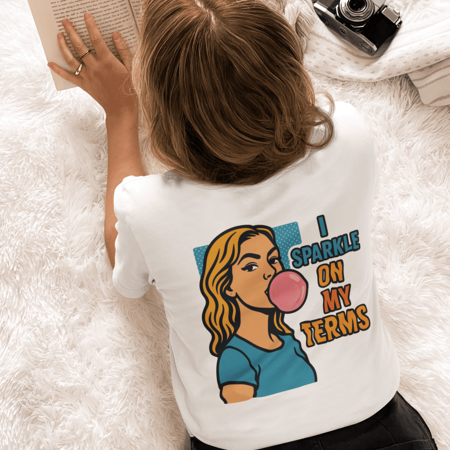 Let Me Be Clear T-Shirt by Printify featuring retro pop art feminist graphic design with the phrase I Sparkle on My Terms.