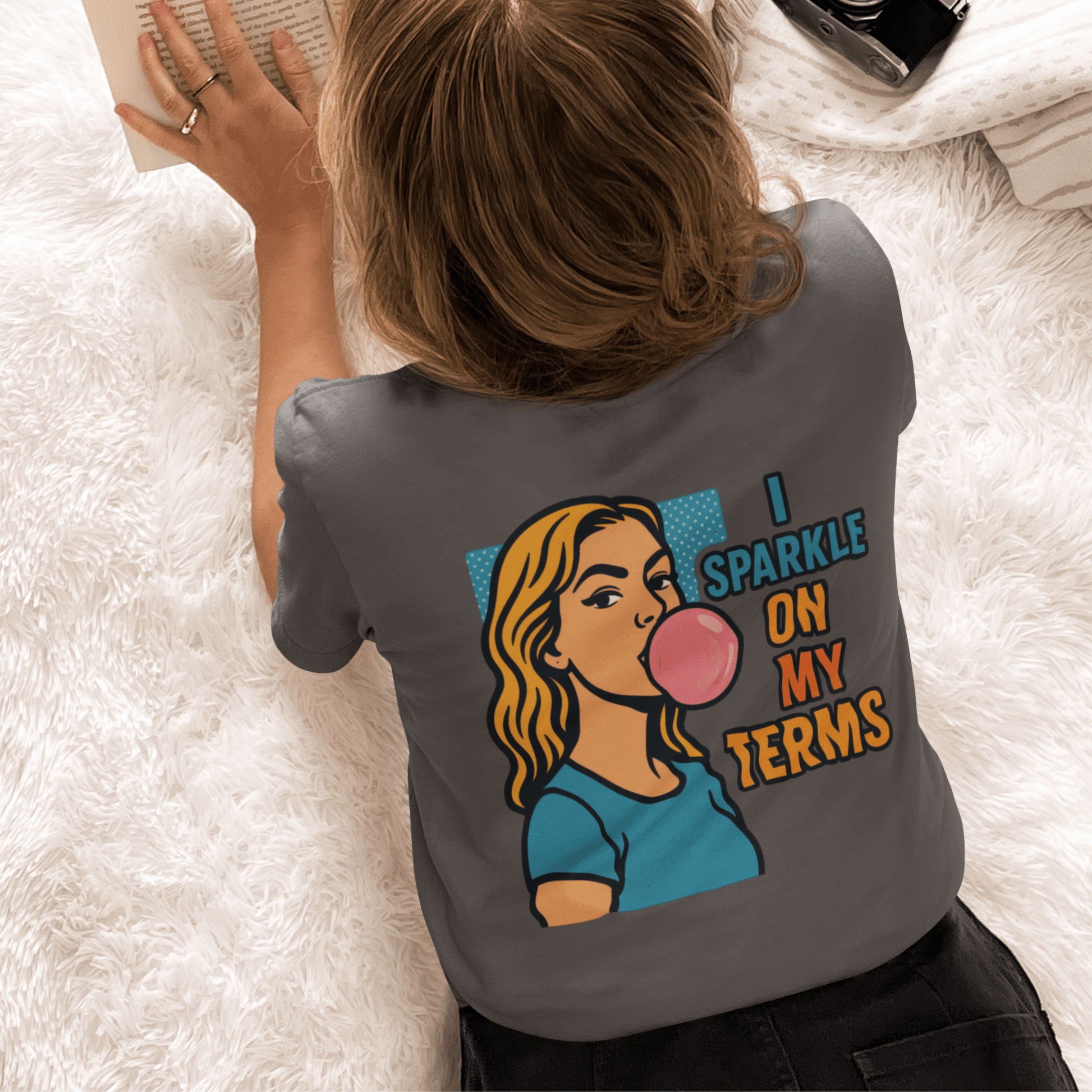 Let Me Be Clear T-Shirt by Printify featuring retro pop art feminist graphic design with the phrase "I Sparkle on My Terms."