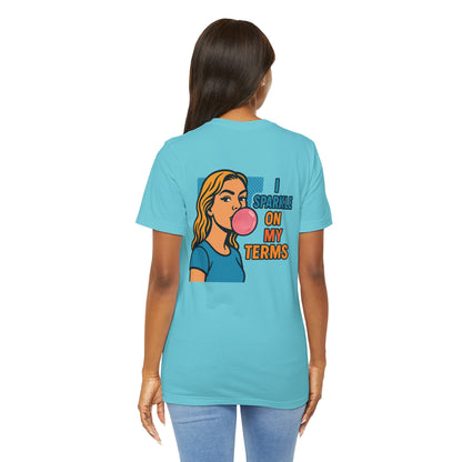Let Me Be Clear T-Shirt by Printify featuring retro pop art feminist graphic with the phrase "I Sparkle on My Terms."
