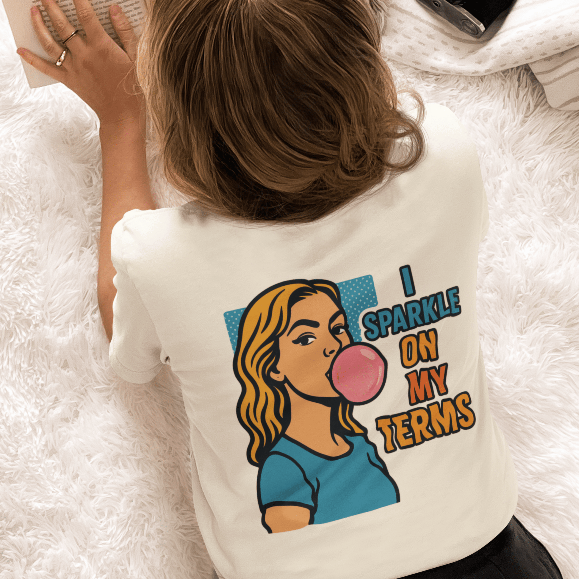Let Me Be Clear T-Shirt featuring retro pop art feminist graphic design and the phrase "I Sparkle on My Terms."