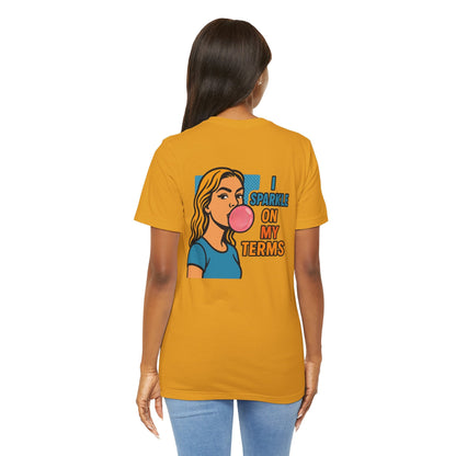 Let Me Be Clear T-Shirt by Printify featuring retro pop art feminist graphic with the phrase "I Sparkle on My Terms".