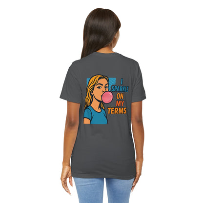 Let Me Be Clear T-Shirt with retro pop art feminist graphic and "I Sparkle on My Terms" text, by Printify.