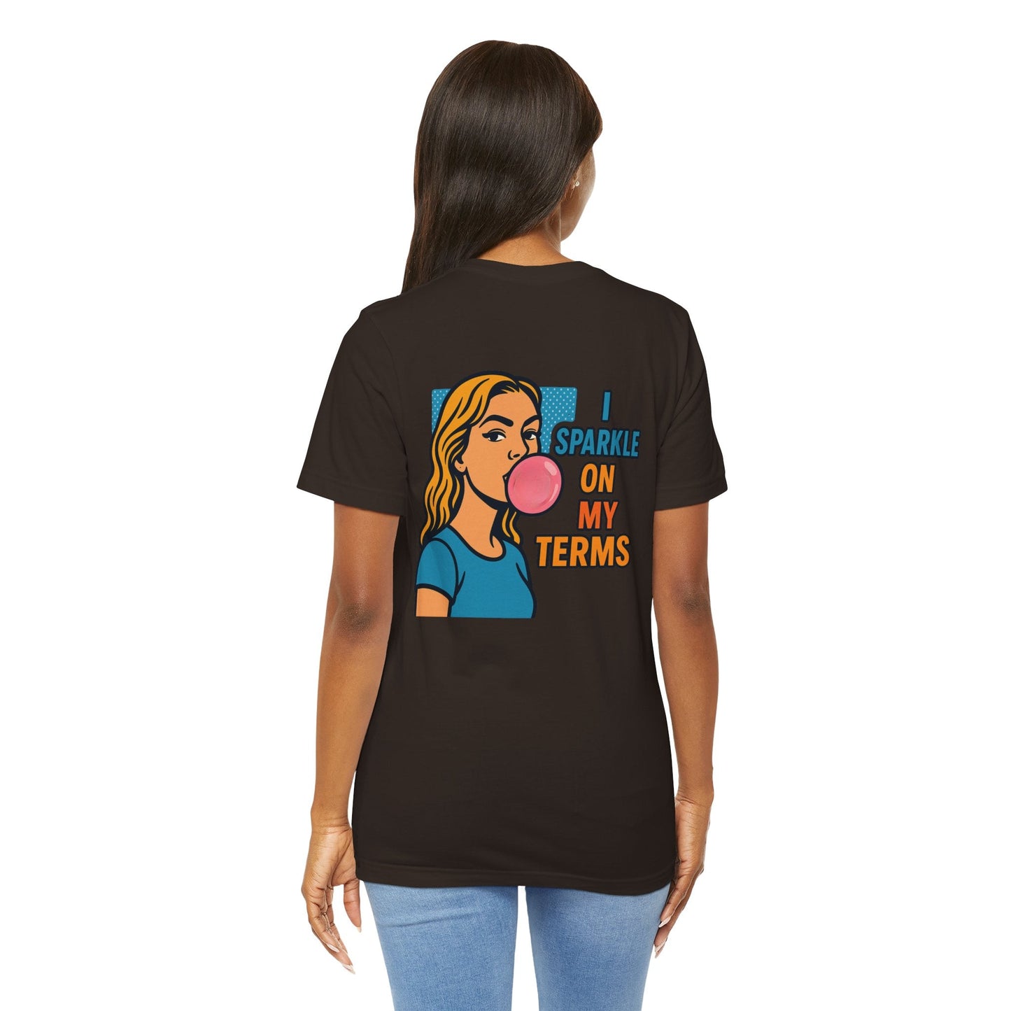 Let Me Be Clear T-Shirt with retro pop art feminist graphic, featuring bold text and vibrant colors, by Printify.
