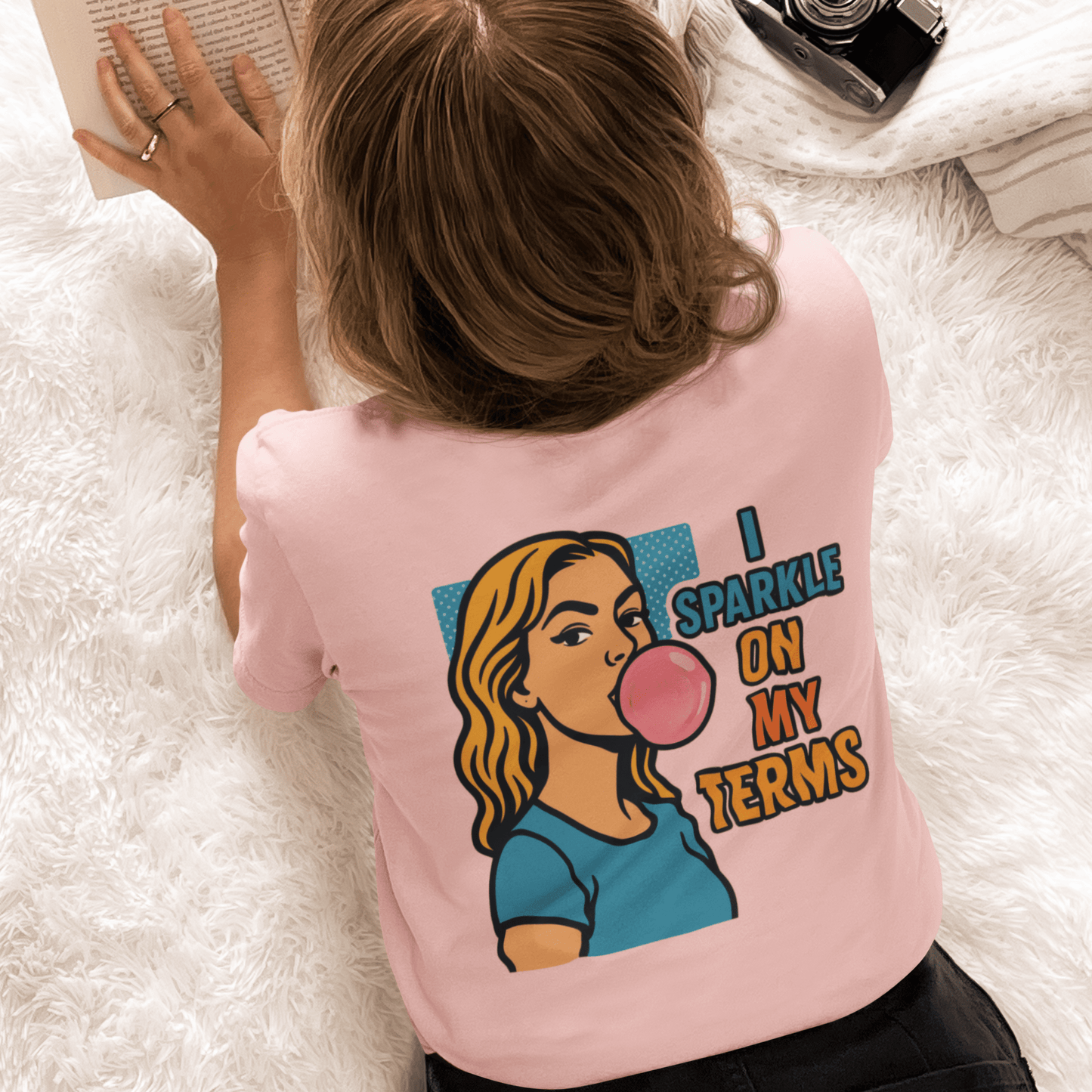 Let Me Be Clear T-Shirt featuring retro pop art feminist graphic design, with I Sparkle on My Terms slogan by Printify.