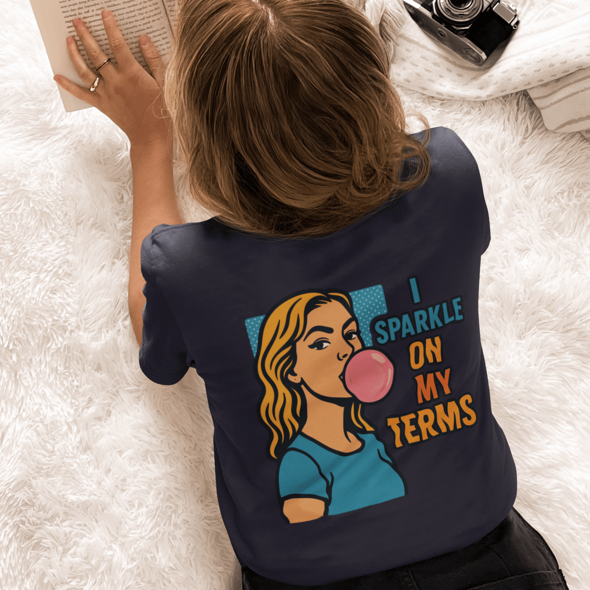 Let Me Be Clear T-Shirt featuring retro pop art feminist graphic design, with the phrase "I Sparkle on My Terms."
