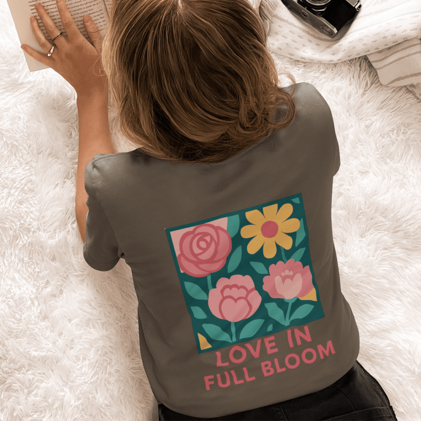 Love in Full Bloom T-Shirt – Retro Floral Graphic Tee with Front Rose & Back Flower Design – Positive Vibes Shirt - Spirit Stitch