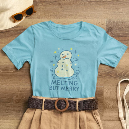 Melting But Merry – Cute Snowman Mental Health T-Shirt | Soft Holiday Humor Tee for Gentle Rebels - Spirit Stitch