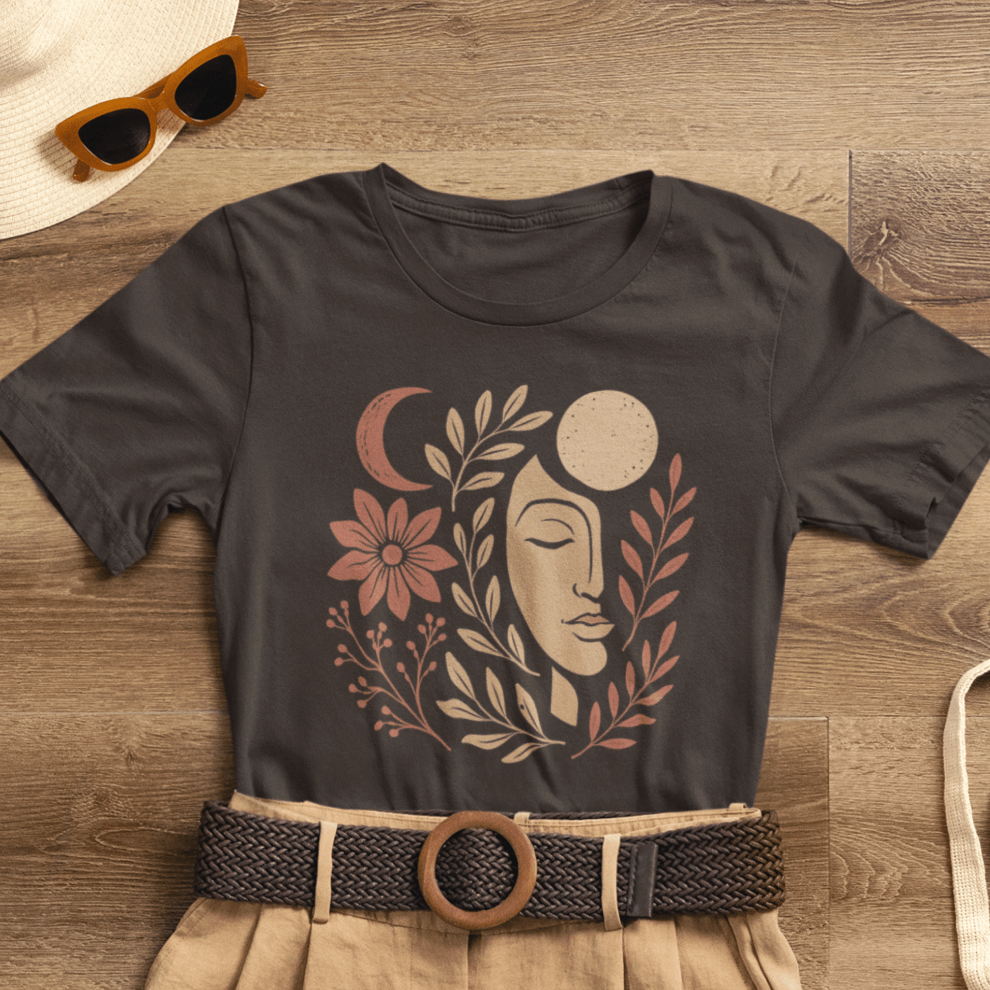 Moon Goddess Boho Graphic T-Shirt – Mystical Lunar Feminine Energy Tee - Spirit Stitch