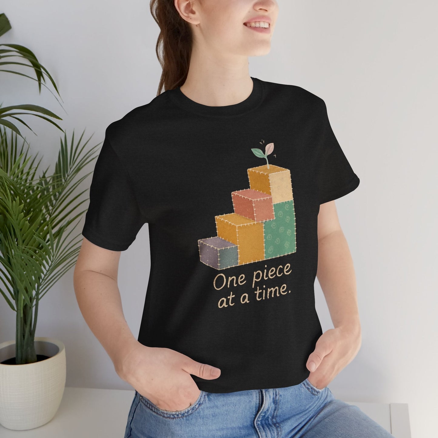 Printify One Piece at a Time T-Shirt with patchwork design, illustrating gentle progress and emotional healing.