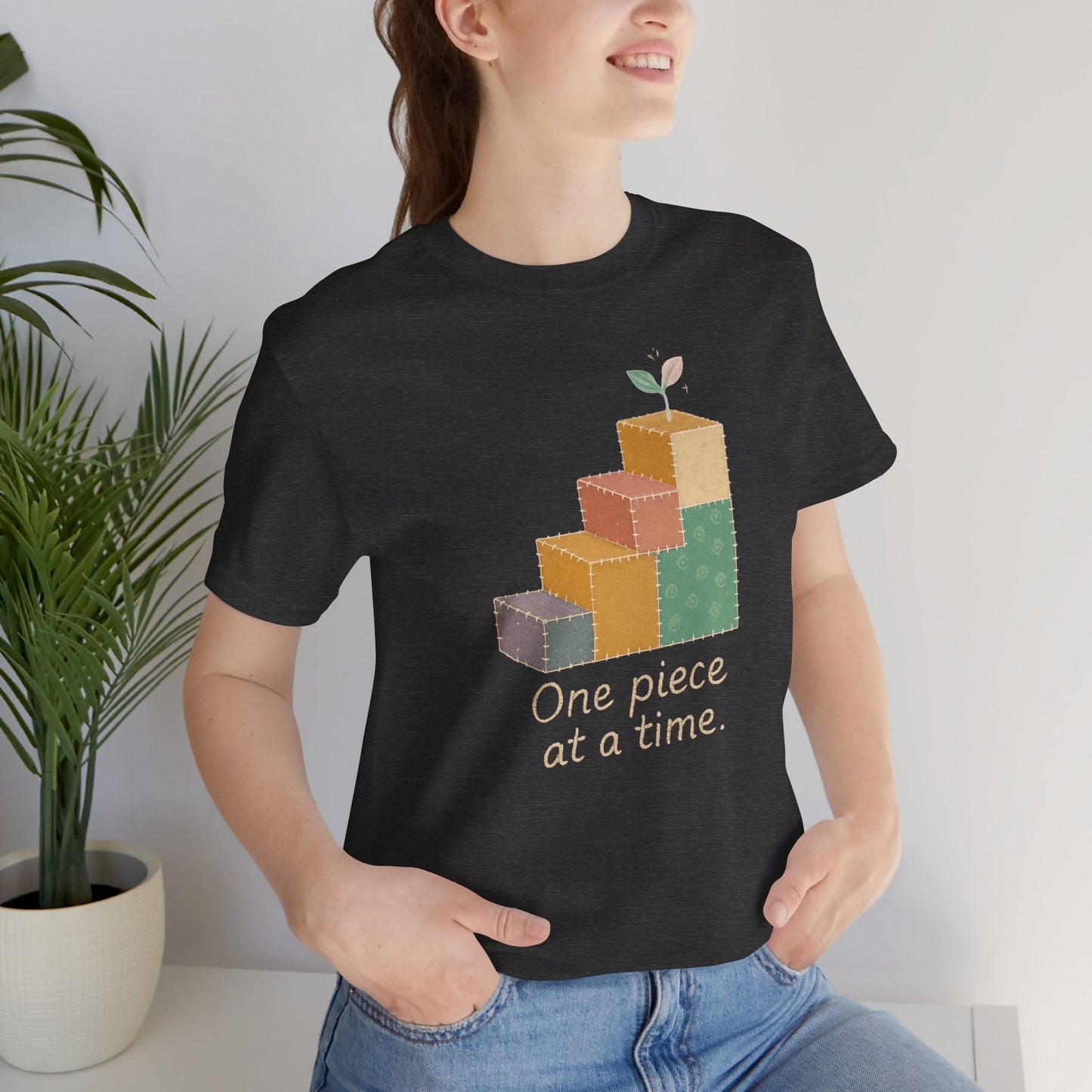 Printify One Piece at a Time T-Shirt featuring patchwork steps and emotional healing design on a casual cotton tee.