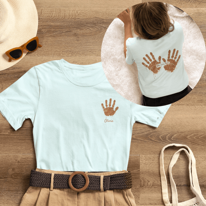 Custom Handprint Family T-Shirt with Personalized Front Pocket Name. Perfect for Mother's Day & Father's Day Gifts!