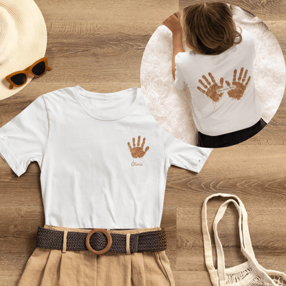 Custom Handprint Family T-Shirt with Personalized Front Pocket Name. Perfect for Mother's Day & Father's Day Gifts!