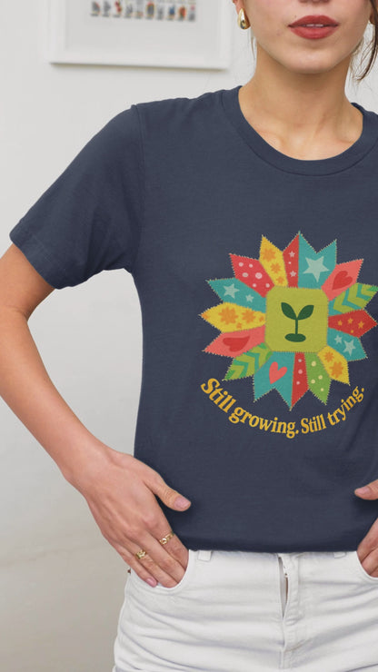 Still Growing Still Trying Shirt – Naive Flower Face  Patchwork Tee — Soft Everyday Tee