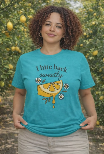 I Bite Back Sweetly T-Shirt – Citrus Sass with Soft Energy — Soft Everyday Tee