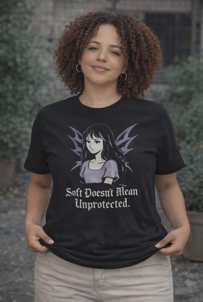 Soft Doesn’t Mean Unprotected – Goth Anime Dark Winged Guardian T-Shirt — Soft Everyday Tee