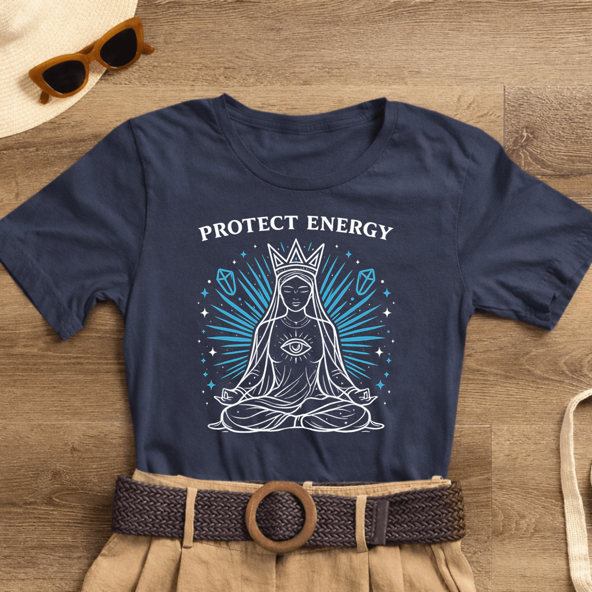 Divine Feminine Goddess T-Shirt with spiritual affirmation, featuring Protect Energy design, by Printify.