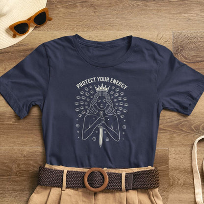 Dark feminine graphic tee featuring "Protect Your Energy" design for women, showcasing witchy empowerment style.