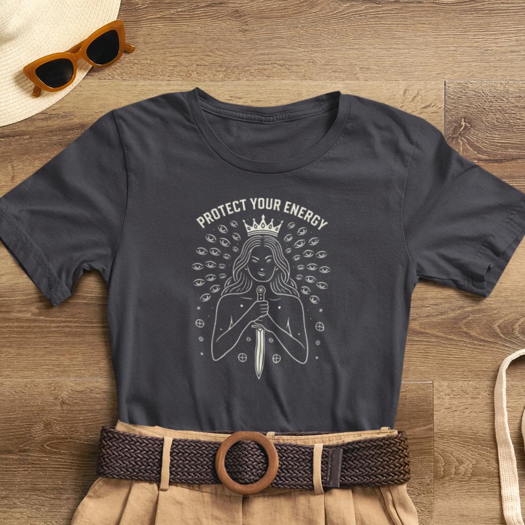 Dark feminine graphic tee featuring "Protect Your Energy" design, perfect for witchy empowerment and spiritual expression.