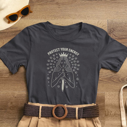 Dark feminine graphic tee featuring "Protect Your Energy" design, perfect for witchy empowerment and spiritual expression.