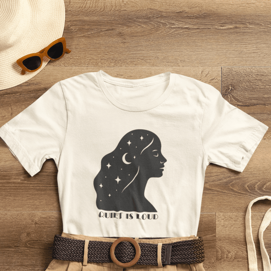 Quiet Is Loud Shirt – Feminine Silhouette Tee, Starry Night Sky Profile T-Shirt, Cosmic Empowerment Top - Spirit Stitch