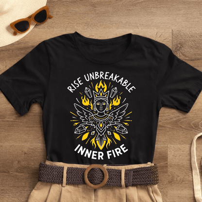 Rise Unbreakable Inner Fire T-Shirt featuring divine feminine goddess design, printed by Printify.