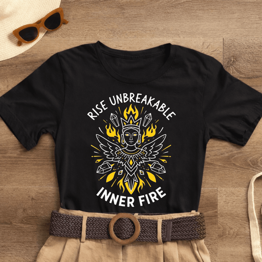 Rise Unbreakable Inner Fire T-Shirt featuring divine feminine goddess design, printed by Printify.