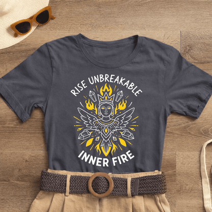 Rise Unbreakable Inner Fire T-Shirt with Divine Feminine Goddess design, featuring vibrant colors and soft, comfortable fabric.