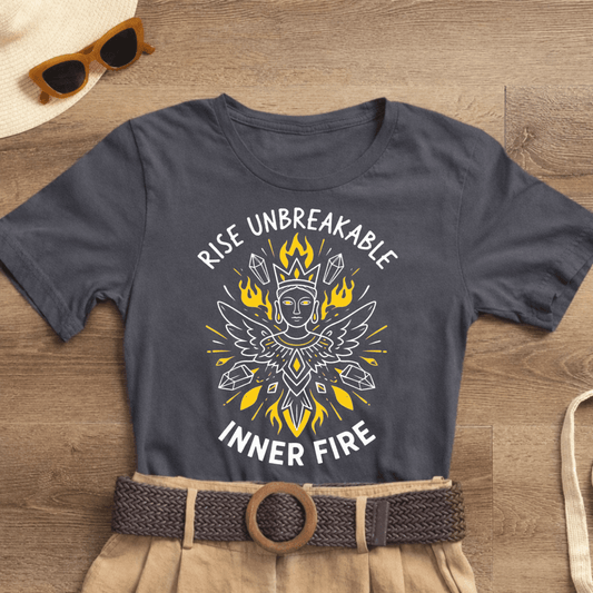 Rise Unbreakable Inner Fire T-Shirt with Divine Feminine Goddess design, featuring vibrant colors and soft, comfortable fabric.